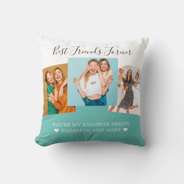 BFF Photo Collage Best Friends Personalized Teal Throw Pillow (Front)