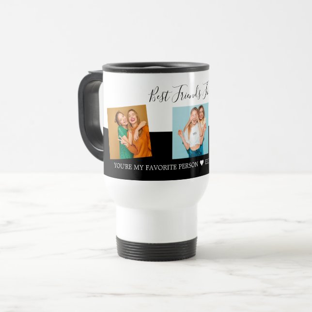 BFF Photo Collage Best Friends Script Modern Black Travel Mug (Front Left)