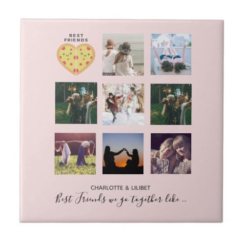 BFF Photo Collage Gifts Dusty Pink PIZZA Friends Ceramic Tile