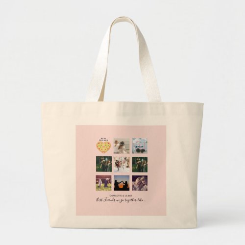 BFF Photo Collage Gifts Dusty Pink PIZZA Friends Large Tote Bag