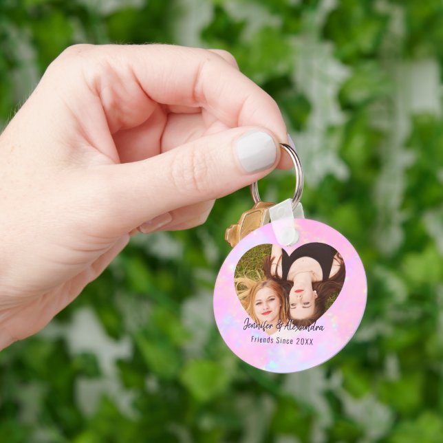 BFF Pink Purple Heart Friends Photo & Names Keychain (Hand)