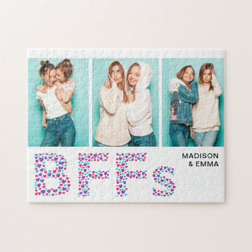 BFFs Three Photo Personalized Name Girly Heart Jigsaw Puzzle