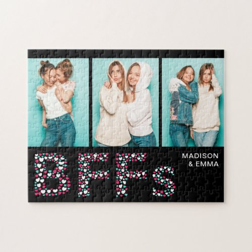 BFFs Three Photo Personalized Name Girly Heart Jigsaw Puzzle