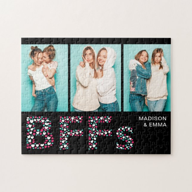 BFFs Three Photo Personalized Name Girly Heart Jigsaw Puzzle (Horizontal)