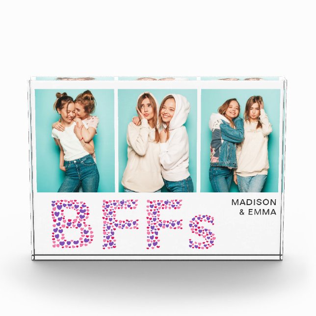 BFFs Three Photo Personalized Name Love Heart Acrylic Award (Front)