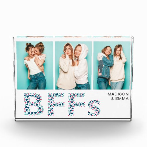 BFFs Three Photo Personalized Name Love Heart Acrylic Award