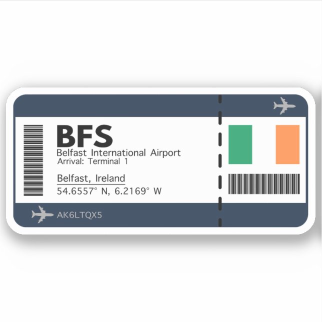 BFS Belfast Boarding Pass - Airport Ticket Sticker (Front)
