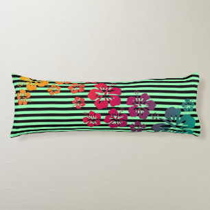BG Stripes Pattern narrow black + hibiscus blooms Body Pillow