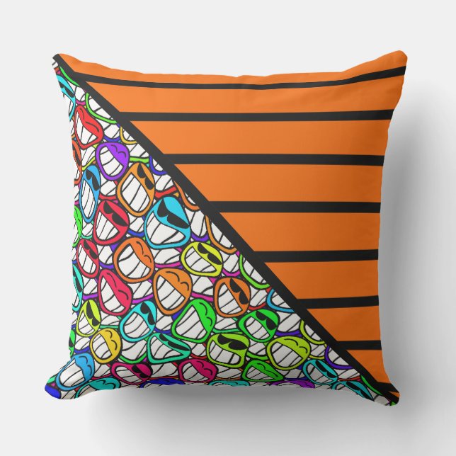 BG Stripes Pattern wide orange + cool smilies Throw Pillow (Front)