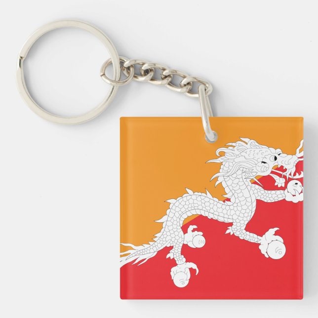 Bhutan Flag Design with White Dragon Keychain (Front)