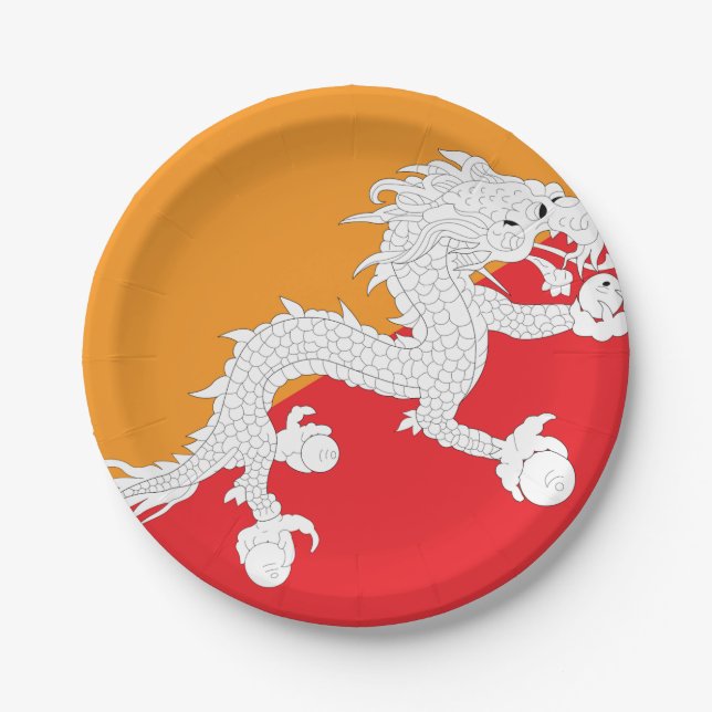 Bhutan Flag Design with White Dragon Paper Plates (Front)