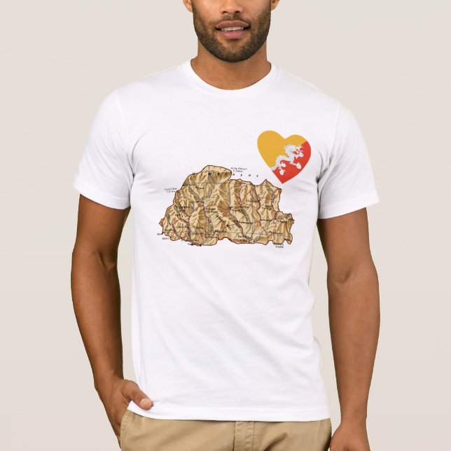 Bhutan Flag Heart and Map T-Shirt (Front)