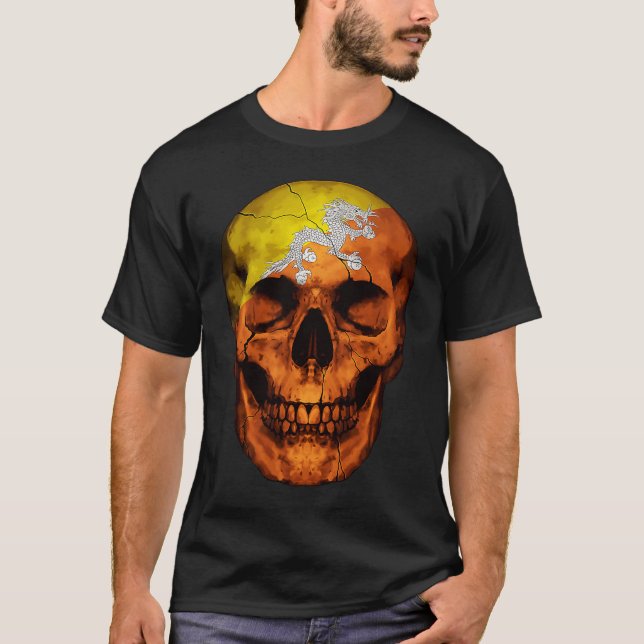 Bhutan Flag Skull Bhutanese Roots Proud Patriotic T-Shirt (Front)