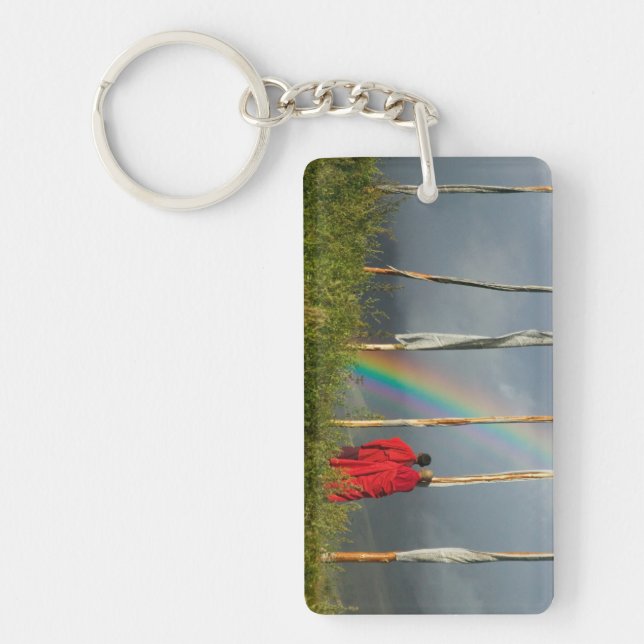 Bhutan, Gangtey village, Rainbow over two monks Keychain (Front)