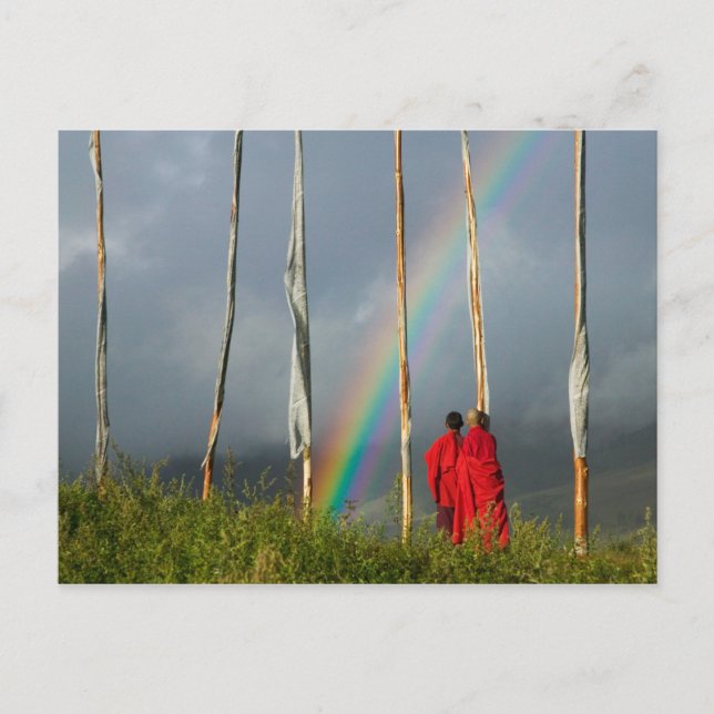 Bhutan, Gangtey village, Rainbow over two monks Postcard (Front)