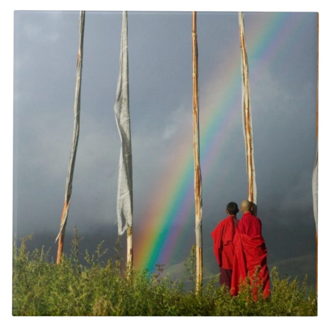 Bhutan, Gangtey village, Rainbow over two monks Tile (Front)