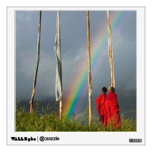 Bhutan, Gangtey village, Rainbow over two monks Wall Sticker