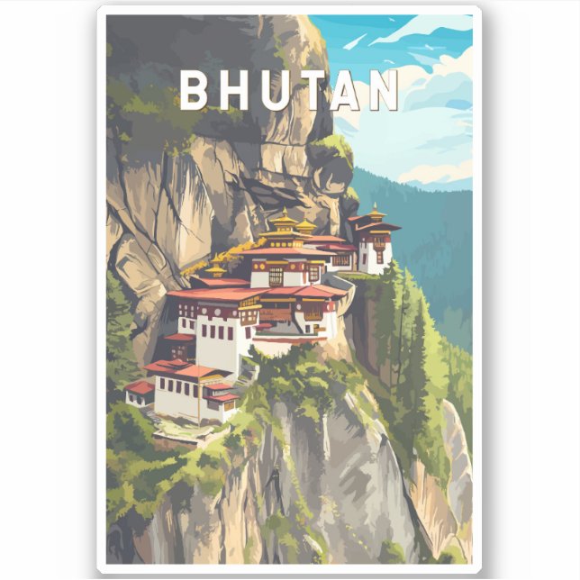 Bhutan Illustration Travel Art Vintage Sticker (Front)