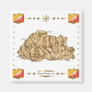 Bhutan Map + Flags Magnet