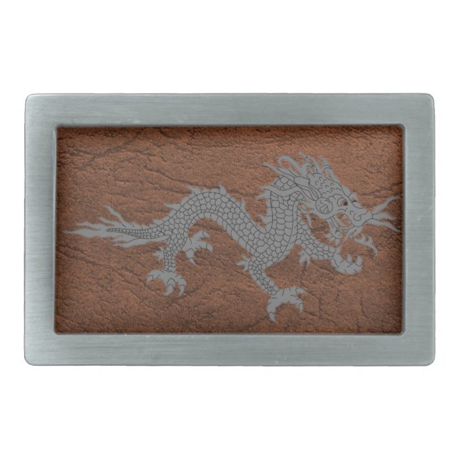 Bhutanese Dragon on Leather Rectangular Belt Buckle (Front)
