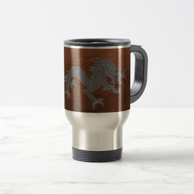 Bhutanese Dragon on Leather Travel Mug (Front Right)