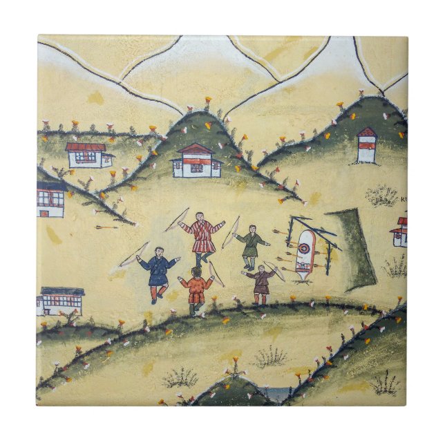 Bhutanese house with archery paintings - Bhutan Ceramic Tile (Front)