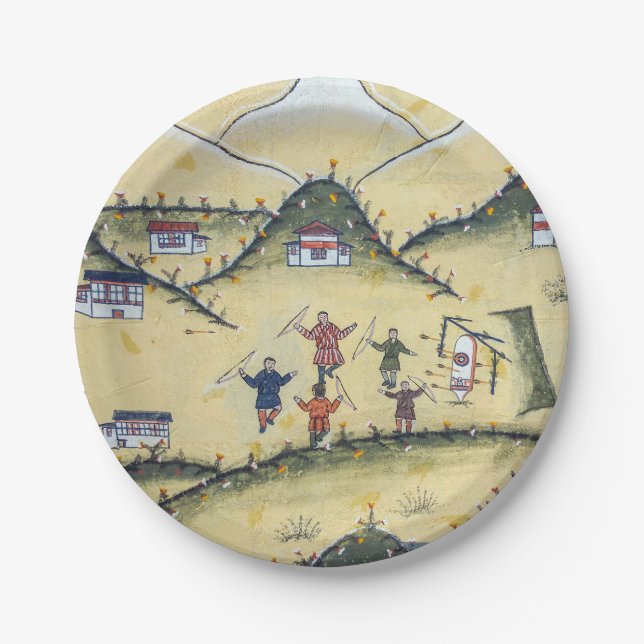 Bhutanese house with archery paintings - Bhutan Paper Plates (Front)