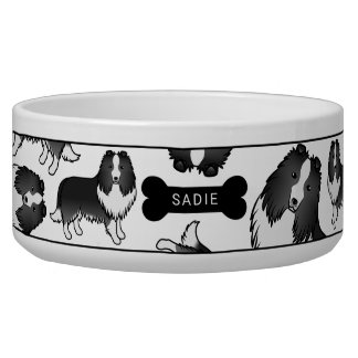 Bi-Black Cartoon Sheltie Dogs Pattern &amp; Name Bowl