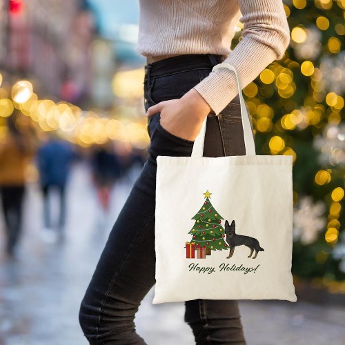Bi_Black German Shepherd And Green Christmas Tree Tote Bag