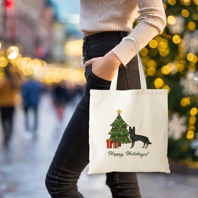 Bi-Black German Shepherd And Green Christmas Tree Tote Bag (Please note: This image is a digital mockup. The product may not be in scale.)