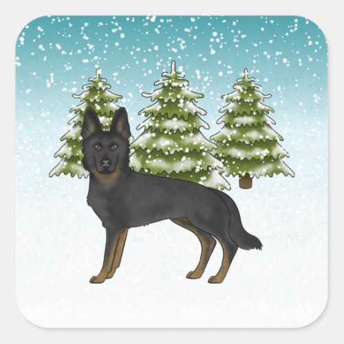Bi_Black German Shepherd Blue Green Winter Forest Square Sticker
