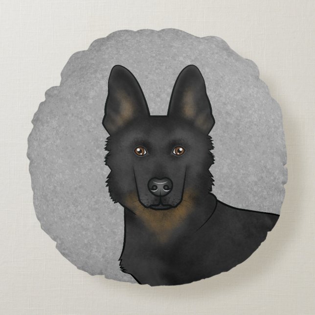 Bi-Black German Shepherd Cartoon Dog Head Gray Round Pillow (Front)