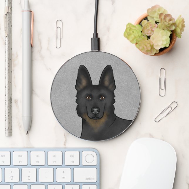 Bi-Black German Shepherd Cartoon Dog Head Gray Wireless Charger (Desk)