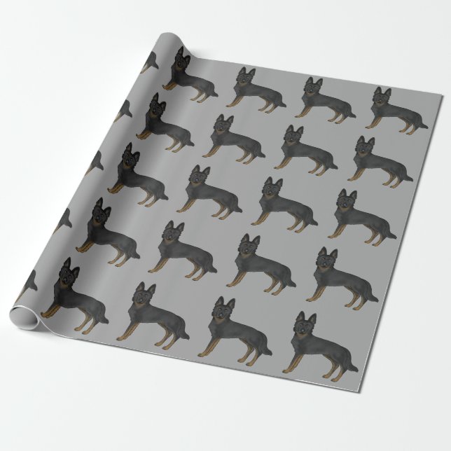 Bi-Black German Shepherd Cartoon Dog Pattern Gray Wrapping Paper (Unrolled)