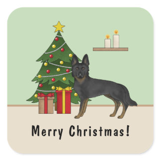 Bi-Black German Shepherd Christmas Tree With Text Square Sticker