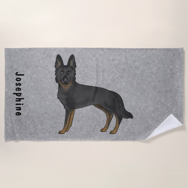 Bi-Black German Shepherd Cute Dog With Custom Name Beach Towel (Front)