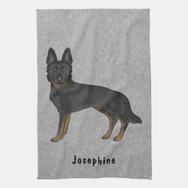 Bi-Black German Shepherd Dog And Custom Name Gray Kitchen Towel (Vertical)