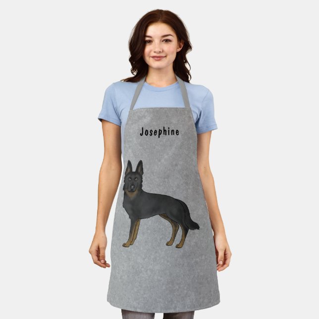 Bi-Black German Shepherd Dog And Custom Text Gray Apron (Worn)