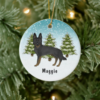 Bi-Black German Shepherd Dog Blue Winter Forest Ceramic Ornament