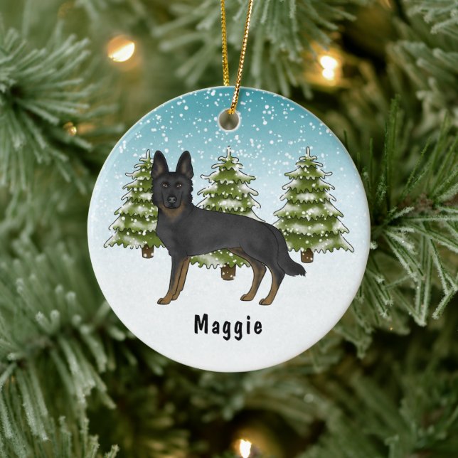 Bi-Black German Shepherd Dog Blue Winter Forest Ceramic Ornament (Tree)