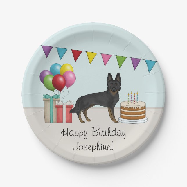 Bi-Black German Shepherd Dog Colorful Birthday Paper Plates (Front)