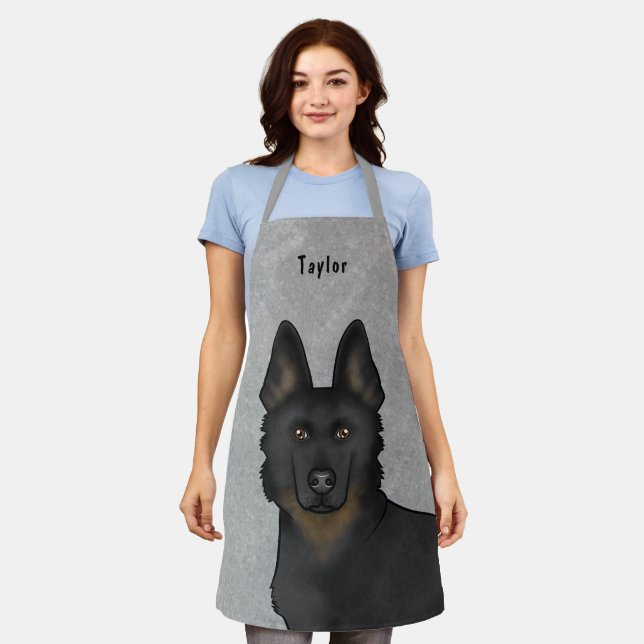 Bi-Black German Shepherd Dog Head And Name Gray Apron (Worn)