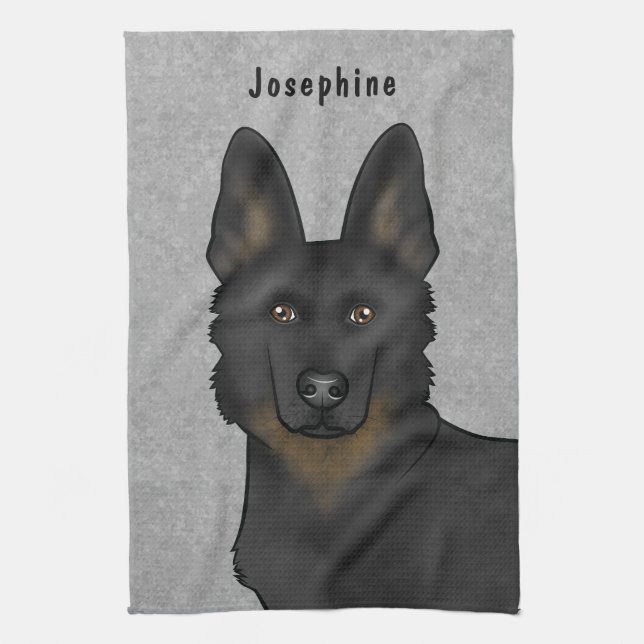 Bi-Black German Shepherd Dog Head And Name Gray Kitchen Towel (Vertical)