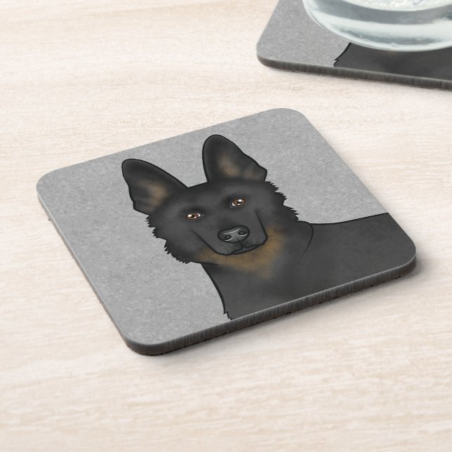 Bi-Black German Shepherd Dog Head Close-Up Gray Beverage Coaster (Left Side)