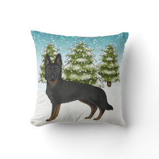 Bi-Black German Shepherd Dog Snowy Winter Forest Throw Pillow