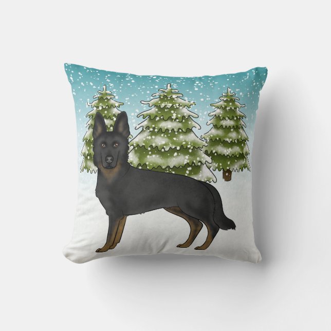 Bi-Black German Shepherd Dog Snowy Winter Forest Throw Pillow (Front)