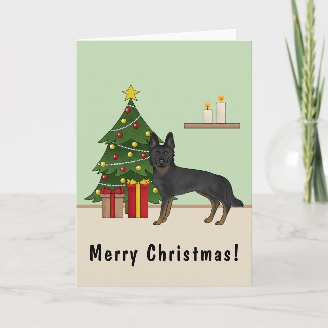 Bi-Black German Shepherd Festive Christmas Tree Card (Front)