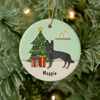 Bi-Black German Shepherd Festive Christmas Tree Ceramic Ornament