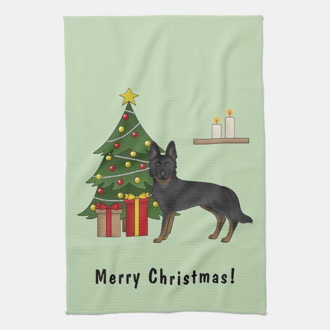 Bi-Black German Shepherd Festive Christmas Tree Kitchen Towel (Vertical)