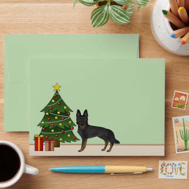 Bi-Black German Shepherd Green Christmas Tree Envelope (Desk)